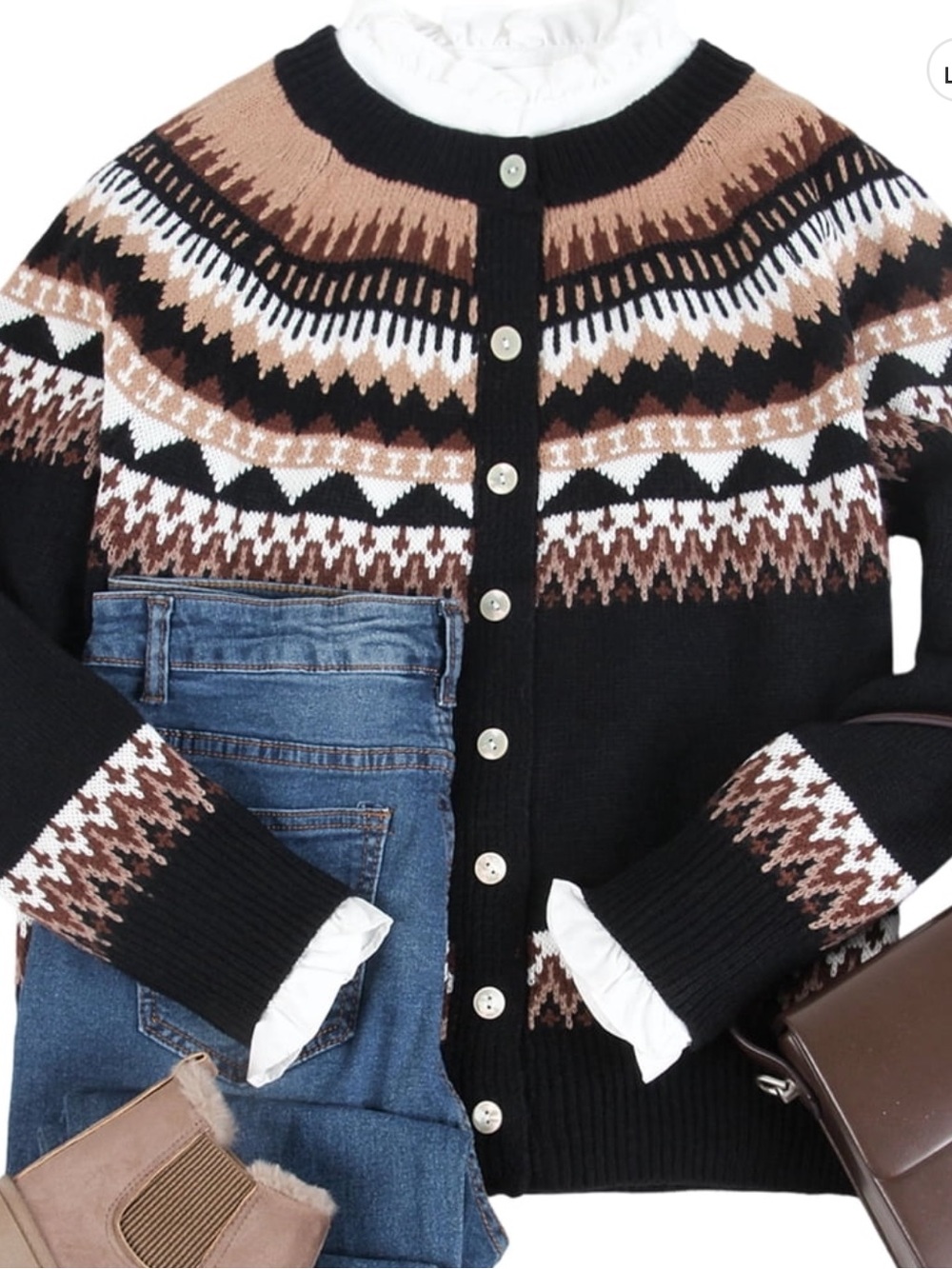 Black & Brown Patterned Button-Up Women's Sweater Cardigan